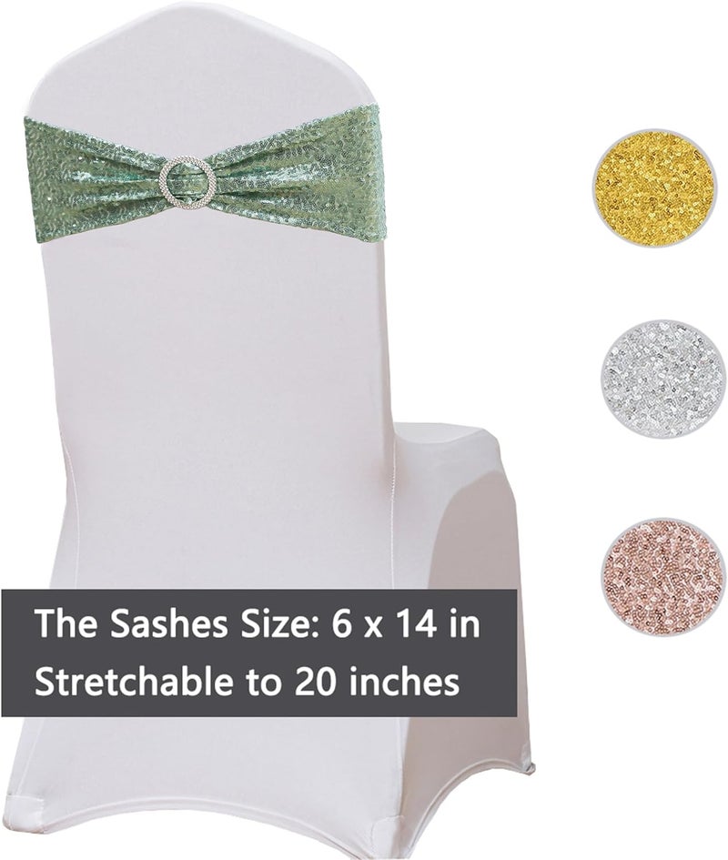 SINSSOWL Sequin Sage Green Chair Sashes 50 Pack, Sage Chairs Bows for Party, Glitter Chair Bands with Silver Buckles for Wedding Banquets Birthday Anniversary Bridal Shower Events Decorations - Image 4